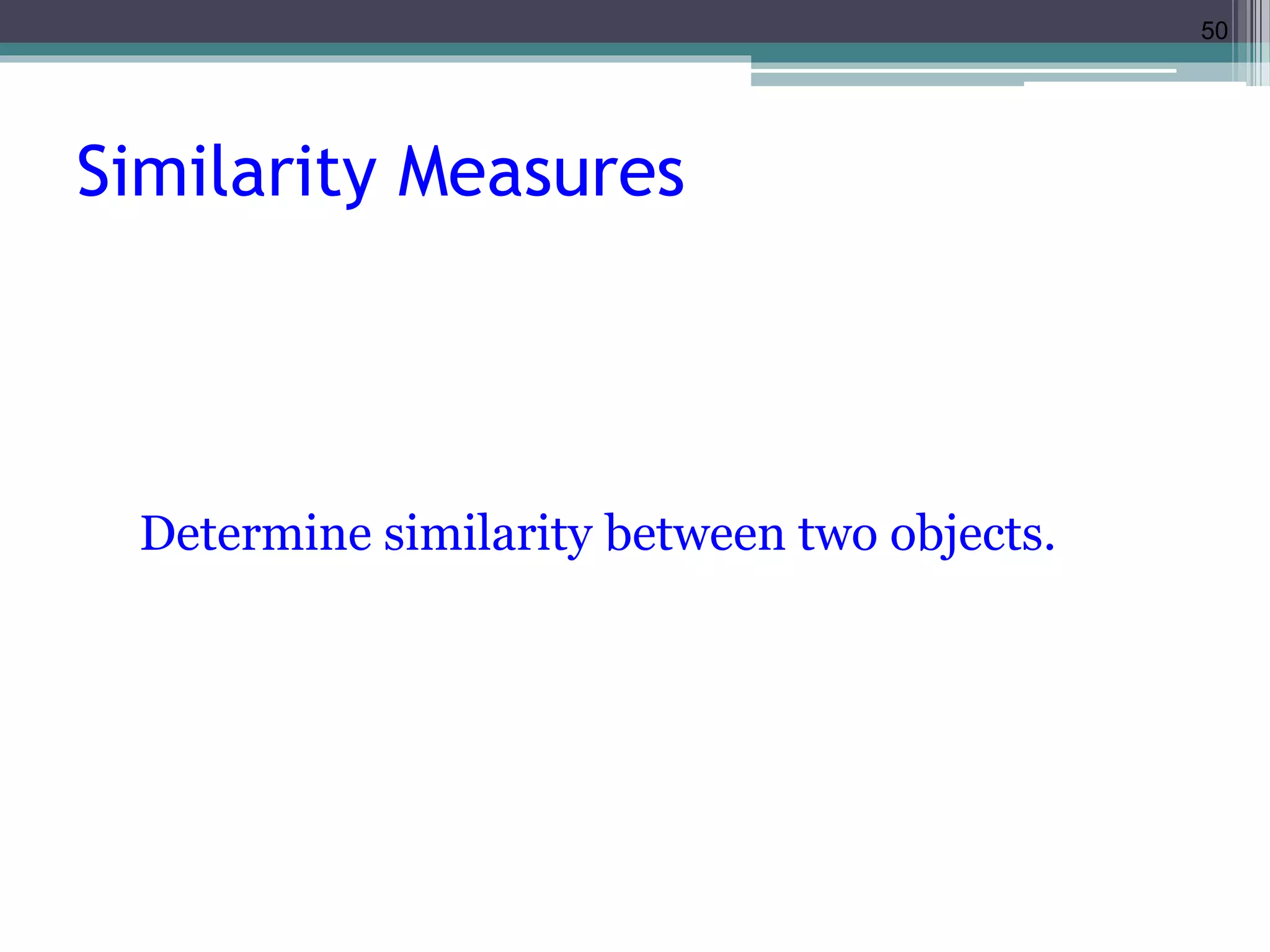 50 
Similarity Measures 
Determine similarity between two objects. 
 