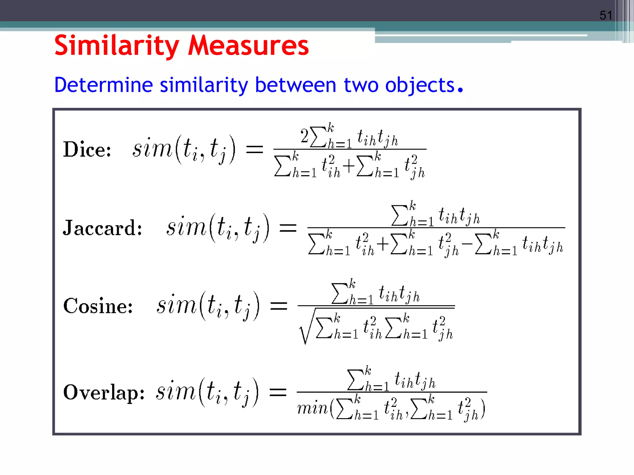 51 
Similarity Measures 
Determine similarity between two objects. 
 