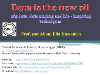 Professor Aboul Ella Hassanien 
Chair of the Scientific Research Group in Egypt (SRGE) 
http://www.egyptscience.net 
Dean of faculty of computers and information – Bein Suef University 
Web site: http://www.fci.cu.edu.eg/~abo/ 
Face book: http://www.facebook.com/profile.php?id=100000780092307 
Research gate: http://www.researchgate.net/home.Home.html 
CU scholar: http://scholar.cu.edu.eg/abo 
 