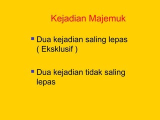 Kejadian Majemuk
 Dua kejadian saling lepas
( Eksklusif )
 Dua kejadian tidak saling
lepas
 