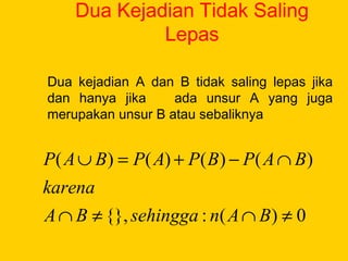 Dua Kejadian Tidak Saling
Lepas
Dua kejadian A dan B tidak saling lepas jika
dan hanya jika ada unsur A yang juga
merupakan unsur B atau sebaliknya
0)(:{},
)()()()(
≠∩≠∩
∩−+=∪
BAnsehinggaBA
karena
BAPBPAPBAP
 