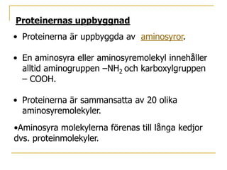 PROTEINER(äggviteämnen)	sid. 176 – 179  Proteinernas uppgift i organismenProteiner används för uppbyggnad och reparation av celler. 