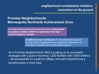 neighborhood revitalization initiative:
                                           Innovation on the ground

Promise Neighborhoods:
Minneapolis Northside Achievement Zone
50 organizational and school partners with a shared goal
to prepare all NAZ children to graduate from high
school ready for college.

                 Cradle-to-career continuum of comprehensive supports
                 through family engagement and opportunity alignment, an
                 educational pipeline, and whole family support.


As a Promise Neighborhood, NAZ is scaling up its successful
strategies with a goal of reaching 1,200 families with 3,000 children
– all successfully on a path to college, and each experiencing a
transformation in their lives.
 