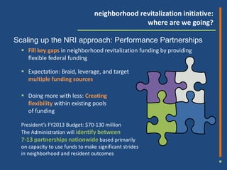 neighborhood revitalization initiative:
                                                 where are we going?

Scaling up the NRI approach: Performance Partnerships
   Fill key gaps in neighborhood revitalization funding by providing
    flexible federal funding

   Expectation: Braid, leverage, and target
    multiple funding sources

   Doing more with less: Creating
    flexibility within existing pools
    of funding

  President’s FY2013 Budget: $70-130 million
  The Administration will identify between
  7-13 partnerships nationwide based primarily
  on capacity to use funds to make significant strides
  in neighborhood and resident outcomes
 