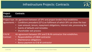 Infrastructure Projects: Contracts
Project
Contract
Contracts
Project loan
agreements
An agreement between all SPV and project lenders that establishes
• Conditions precedent (CP’s) on fulfilment of which SPV can draw the loan
• Loan amount, tenure, repayment obligations, interest rate, processing fee
• Events of defaults and remedies
• Shareholder exit process
O & M
Contract
An agreement between SPV and O & M contractor that establishes.
• Responsibilities of O&M contractor
• Maintenance obligations
• Bonus payment to O & M contractor
19-04-2018 BCH 505 Project Finance by Dr Naim R Kidwai 8
 