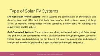Type of Solar PV Systems
SPV-Generator Hybrid Systems- These Systems are combination of photovoltaic and
diesel systems and offer best that both have to offer. Such systems consist of large
arrays of modules, computerized system controller, battery bank for handling load
requirement and DG set etc.
Grid-Connected Systems- These systems are designed to work with grid. Solar arrays
and grid, both, are connected to normal distribution box through the system controller.
Excess power produced during the day time is fed into system controller and changed
into pure sinusoidal AC power that is synchronized with the grid frequency.
31-08-2016 IEC-803 ENERGY BASICS BY DR N R KIDWAI, INTEGRAL UNIVERSITY 19
 