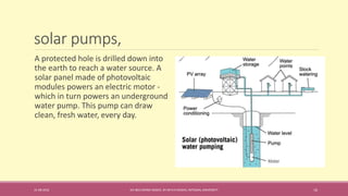 solar pumps,
31-08-2016 IEC-803 ENERGY BASICS BY DR N R KIDWAI, INTEGRAL UNIVERSITY 16
A protected hole is drilled down into
the earth to reach a water source. A
solar panel made of photovoltaic
modules powers an electric motor -
which in turn powers an underground
water pump. This pump can draw
clean, fresh water, every day.
 
