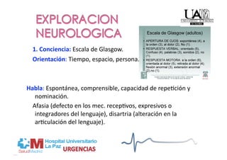    1. Conciencia: Escala de Glasgow. 
    Orientación: Tiempo, espacio, persona. 



Habla: Espontánea, comprensible, capacidad de repePción y 
     nominación. 
    Afasia (defecto en los mec. recepPvos, expresivos o 
     integradores del lenguaje), disartria (alteración en la 
     arPculación del lenguaje). 
 