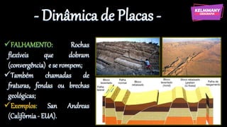 - Dinâmica de Placas -
✓FALHAMENTO: Rochas
flexíveis que dobram
(convergência) e se rompem;
✓Também chamadas de
fraturas, fendas ou brechas
geológicas;
✓Exemplos: San Andreas
(Califórnia - EUA).
 