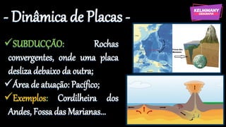 - Dinâmica de Placas -
✓SUBDUCÇÃO: Rochas
convergentes, onde uma placa
desliza debaixo da outra;
✓Área de atuação: Pacífico;
✓Exemplos: Cordilheira dos
Andes, Fossa das Marianas...
 