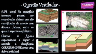 - Questão Vestibular -
(UPE -2019) Na superfície
terrestre, podem ser
encontradas dobras que são
classificadas de acordo com
diversos fatores, entre os
quais o aspecto morfológico.
Observe as figuras
esquemáticas a seguir e
assinale a classificada
CORRETAMENTE como uma
dobra anticlinal.
 