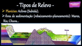 - Tipos de Relevo -
➢ Planícies: Aclives (Subida);
➢Área de sedimentação (rebaixamento-planeamento): Mares,
Rio, Chuva...
 