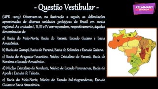 - Questão Vestibular -
(UPE -2019) Observam-se, na ilustração a seguir, as delimitações
aproximadas de diversas unidades geológicas do Brasil em escala
regional. As unidades I, II, III e IV correspondem, respectivamente, àquelas
denominadas de
a) Bacia do Meio-Norte, Bacia do Paraná, Escudo Guiano e Bacia
Amazônica.
b) Bacia do Gurupi, Bacia do Paraná, Bacia do Solimões e Escudo Guiano.
c) Bacia do Araguaia-Tocantins, Núcleo Cristalino do Paraná, Bacia de
Roraima e Escudo Amazônico.
d) Núcleo Cristalino do Nordeste, Núcleo de Escudo Paranaense, Bacia do
Apodi e Escudo do Takutu.
e) Bacia do Meio-Norte, Núcleo de Escudo Sul-riograndense, Escudo
Guiano e Bacia Amazônica.
 