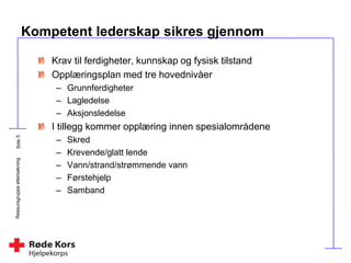 Ressursgruppeettersøkning
Kompetent lederskap sikres gjennom
Krav til ferdigheter, kunnskap og fysisk tilstand
Opplæringsplan med tre hovednivåer
– Grunnferdigheter
– Lagledelse
– Aksjonsledelse
I tillegg kommer opplæring innen spesialområdene
– Skred
– Krevende/glatt lende
– Vann/strand/strømmende vann
– Førstehjelp
– Samband
 