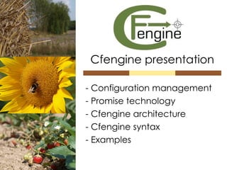 Cfengine presentation - Configuration management - Promise technology - Cfengine architecture - Cfengine syntax - Examples 