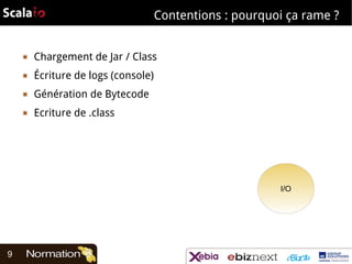 Contentions : pourquoi ça rame ?

▣

Chargement de Jar / Class

▣

Écriture de logs (console)

▣

Génération de Bytecode

▣

Ecriture de .class

I/O

9

 