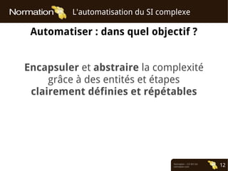Normation – CC-BY-SA
normation.com 12
L'automatisation du SI complexe
Automatiser : dans quel objectif ?
Encapsuler et abstraire la complexité
grâce à des entités et étapes
clairement définies et répétables
 