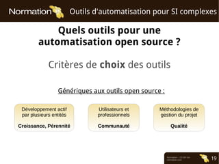 Normation – CC-BY-SA
normation.com 19
Outils d'automatisation pour SI complexes
Quels outils pour une
automatisation open source ?
Critères de choix des outils
Développement actif
par plusieurs entités
Croissance, Pérennité
Utilisateurs et
professionnels
Communauté
Méthodologies de
gestion du projet
Qualité
Génériques aux outils open source :
 