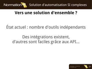 Normation – CC-BY-SA
normation.com 21
Solution d'automatisation SI complexes
Vers une solution d'ensemble ?
État actuel : nombre d'outils indépendants
Des intégrations existent,
d'autres sont faciles grâce aux API...
 