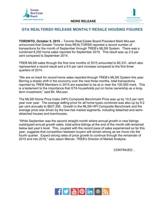 GTA REALTORS® RELEASE MONTHLY RESALE HOUSING FIGURES
TORONTO, October 5, 2015 – Toronto Real Estate Board President Mark McLean
announced that Greater Toronto Area REALTORS® reported a record number of
transactions for the month of September through TREB’s MLS® System. There was a
combined 8,200 home sales reported for September 2015. This result was up 2.5 per
cent compared to September 2014.
TREB MLS® sales through the first nine months of 2015 amounted to 80,331, which also
represented a record result and a 9.5 per cent increase compared to the first three
quarters of 2014.
“We are on track for record home sales reported through TREB’s MLS® System this year.
Barring a drastic shift in the economy over the next three months, total transactions
reported by TREB Members in 2015 are expected to be at or near the 100,000 mark. This
is a testament to the importance that GTA households put on home ownership as a long-
term investment,” said Mr. McLean.
The MLS® Home Price Index (HPI) Composite Benchmark Price was up by 10.5 per cent
year over year. The average selling price for all home types combined was also up by 9.2
per cent annually to $627,395. Growth in the MLS® HPI Composite Benchmark and the
average price was driven by the low-rise market segments, including detached and semi-
detached houses and townhouses.
“While September was the second straight month where annual growth in new listings
outstripped annual growth sales, total active listings at the end of the month still remained
below last year’s level. This, coupled with the record pace of sales experienced so far this
year, suggests that competition between buyers will remain strong as we move into the
fourth quarter. Expect strong rates of price growth to continue through the remainder of
2015 and into 2016,” said Jason Mercer, TREB’s Director of Market Analysis.
CONTINUED…
	
  
NEWS RELEASE
 