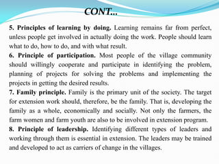 CONT…
5. Principles of learning by doing. Learning remains far from perfect,
unless people get involved in actually doing the work. People should learn
what to do, how to do, and with what result.
6. Principle of participation. Most people of the village community
should willingly cooperate and participate in identifying the problem,
planning of projects for solving the problems and implementing the
projects in getting the desired results.
7. Family principle. Family is the primary unit of the society. The target
for extension work should, therefore, be the family. That is, developing the
family as a whole, economically and socially. Not only the farmers, the
farm women and farm youth are also to be involved in extension program.
8. Principle of leadership. Identifying different types of leaders and
working through them is essential in extension. The leaders may be trained
and developed to act as carriers of change in the villages.
 