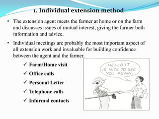 • The extension agent meets the farmer at home or on the farm
and discusses issues of mutual interest, giving the farmer both
information and advice.
• Individual meetings are probably the most important aspect of
all extension work and invaluable for building confidence
between the agent and the farmer.
 Farm/Home visit
 Office calls
 Personal Letter
 Telephone calls
 Informal contacts
1. Individual extension method
 