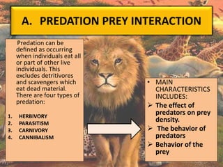A. PREDATION PREY INTERACTION
Predation can be
deﬁned as occurring
when individuals eat all
or part of other live
individuals. This
excludes detritivores
and scavengers which
eat dead material.
There are four types of
predation:
1. HERBIVORY
2. PARASITISM
3. CARNIVORY
4. CANNIBALISM
• MAIN
CHARACTERISTICS
INCLUDES:
 The effect of
predators on prey
density.
 The behavior of
predators
 Behavior of the
prey
 