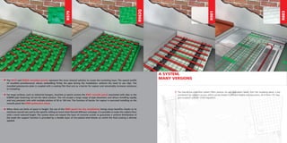 The Giacoklima underﬂoor system offers versions for any application needs: from the insulating panel, a key
component for system’s success, which can be chosen in different heights and executions, all of them CFC-free,
and compliant with EN 13163 regulation.
The R979 and R982Q moulded panels represent the most classical solution to create the insulating layer. The special proﬁle
of moulded protuberances allows embedding ﬁrmly the pipe during the installation, without the need to use clips. The
moulded polystyrene plate is coupled with a coating ﬁlm that acts as a barrier for vapour and remarkably increases resistance
to trampling.
For large surfaces, such as industrial hangars, churches or sports centres the R981 smooth panel associated with clips or the
K389W pipe fastening rail are the ideal solution. The rail accepts a large range of pipe diameters and allows installing rapidly
and very precisely coils with multiple pitches of 50 or 100 mm. The function of barrier for vapour is executed installing on the
smooth panel the R984 protection sheet.
When there are limits of space in height, the use of the R883 panel for dry installation brings many beneﬁts; thanks to its
minimum overall size and to the speciﬁc milling to insert steel thermal diffusers and pipe, it is possible to make the radiant ﬂoor
with a much reduced height. The system does not require the layer of concrete screed: to guarantee a uniform distribution of
the loads the support function is provided by a double layer of zinc-plated steel blanks on which the ﬁnal coating is directly
applied.
A SYSTEM,
MANY VERSIONS
R979
R982Q
R981
R883
 