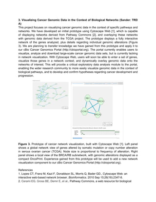 3. Visualizing Cancer Genomic Data in the Context of Biological Networks (Sander: TRD
A)
This project focuses on visualizing cancer genomic data in the context of specific pathways and
networks. We have developed an initial prototype using Cytoscape Web [1], which is capable
of displaying networks derived from Pathway Commons [2], and overlaying these networks
with genomic data derived from the TCGA project. The prototype displays a fully interactive
network of the genes analyzed, plus details regarding individual genomic alterations (Figure
3). We are planning to transfer knowledge we have gained from this prototype and apply it to
our cBio Cancer Genomics Portal (http://cbioportal.org). The portal currently enables users to
visualize, analyze and download large-scale cancer genomic data sets, but is currently lacking
in network visualization. With Cytoscape Web, users will soon be able to enter a set of genes,
visualize those genes in a network context, and dynamically overlay genomic data onto the
networks of interest. This will provide a critical exploratory data analysis module to the portal,
enabling the wider research community to more easily visualize genomic data in the context of
biological pathways, and to develop and confirm hypotheses regarding cancer development and
progression.




Figure 3. Prototype of cancer network visualization, built with Cytoscape Web [1]. Left panel
shows a global network view of genes altered by somatic mutation or copy number alteration
in serous ovarian cancer (TCGA). Node size is proportional to frequency of alteration. Right
panel shows a local view of the BRCA/RB subnetwork, with genomic alterations displayed as a
compact OncoPrint. Experience gained from this prototype will be used to add a new network
visualization component to our cBio Cancer Genomics Portal (http://cbioportal.org).

References
1. Lopes CT, Franz M, Kazi F, Donaldson SL, Morris Q, Bader GD., Cytoscape Web: an
interactive web-based network browser. Bioinformatics. 2010 Sep 15;26(18):2347-8.
2. Cerami EG, Gross BE, Demir E, et al., Pathway Commons, a web resource for biological
 