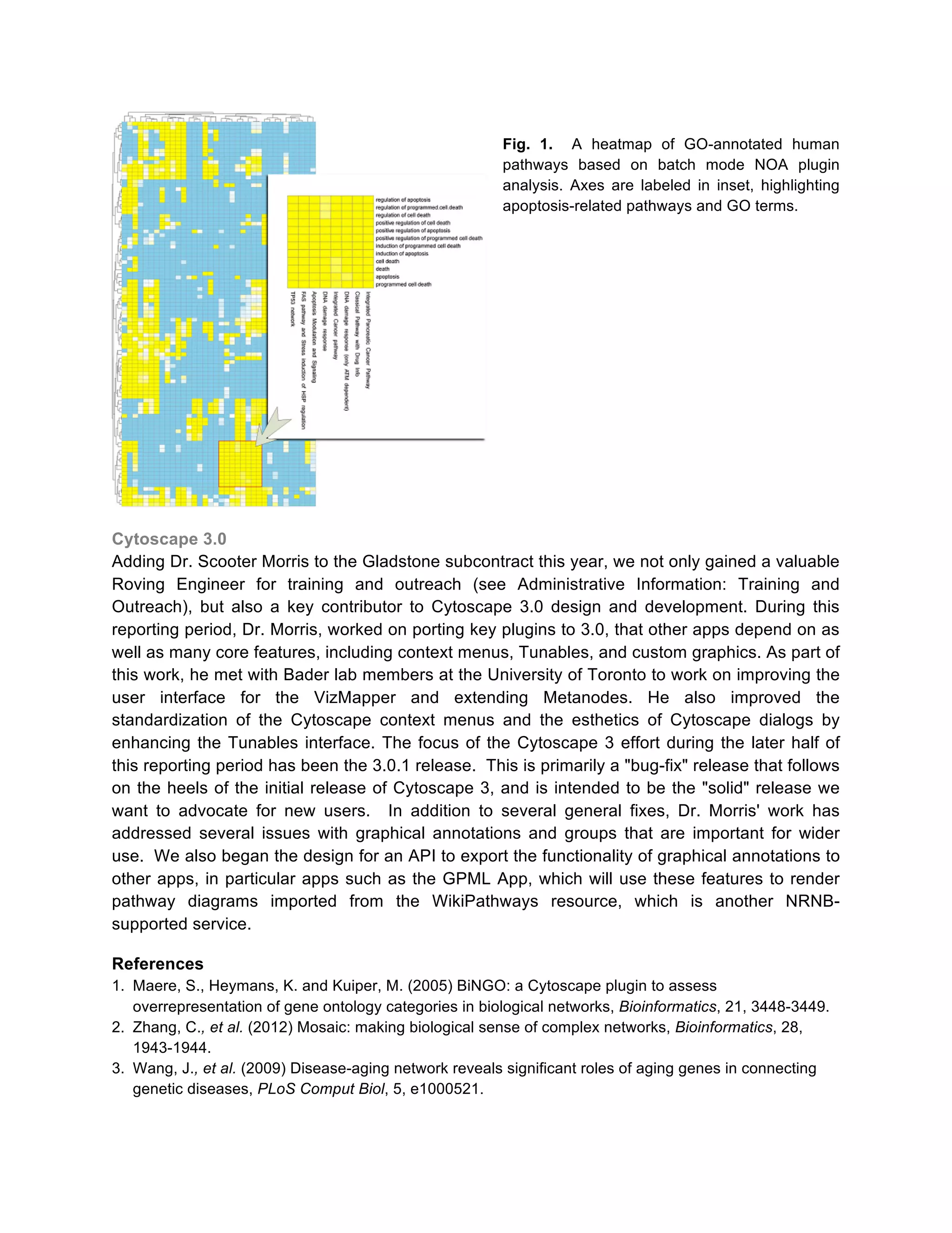 Fig. 1. A heatmap of GO-annotated human
pathways based on batch mode NOA plugin
analysis. Axes are labeled in inset, highlighting
apoptosis-related pathways and GO terms.

Cytoscape 3.0
Adding Dr. Scooter Morris to the Gladstone subcontract this year, we not only gained a valuable
Roving Engineer for training and outreach (see Administrative Information: Training and
Outreach), but also a key contributor to Cytoscape 3.0 design and development. During this
reporting period, Dr. Morris, worked on porting key plugins to 3.0, that other apps depend on as
well as many core features, including context menus, Tunables, and custom graphics. As part of
this work, he met with Bader lab members at the University of Toronto to work on improving the
user interface for the VizMapper and extending Metanodes. He also improved the
standardization of the Cytoscape context menus and the esthetics of Cytoscape dialogs by
enhancing the Tunables interface. The focus of the Cytoscape 3 effort during the later half of
this reporting period has been the 3.0.1 release. This is primarily a "bug-fix" release that follows
on the heels of the initial release of Cytoscape 3, and is intended to be the "solid" release we
want to advocate for new users. In addition to several general fixes, Dr. Morris' work has
addressed several issues with graphical annotations and groups that are important for wider
use. We also began the design for an API to export the functionality of graphical annotations to
other apps, in particular apps such as the GPML App, which will use these features to render
pathway diagrams imported from the WikiPathways resource, which is another NRNBsupported service.
References
1. Maere, S., Heymans, K. and Kuiper, M. (2005) BiNGO: a Cytoscape plugin to assess
overrepresentation of gene ontology categories in biological networks, Bioinformatics, 21, 3448-3449.
2. Zhang, C., et al. (2012) Mosaic: making biological sense of complex networks, Bioinformatics, 28,
1943-1944.
3. Wang, J., et al. (2009) Disease-aging network reveals significant roles of aging genes in connecting
genetic diseases, PLoS Comput Biol, 5, e1000521.

 