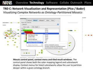 Overview Technology Software Collabs Outreach Plans
TRD C: Network Visualization and Representation (Pico / Bader)
Visualizing Complex Networks as Ontology-Partitioned Mosaics




       Mosaic control panel, context menu and tiled result windows. The
       control panel shows both the color mapping legend and subnetwork
       display. Context menus for listed subnetworks allow the user to partition
       deeper within a given ontology branch.
 