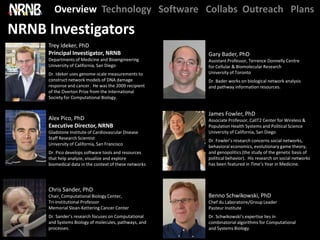 Overview Technology Software Collabs Outreach Plans

NRNB Investigators
     Trey Ideker, PhD
     Principal Investigator, NRNB                       Gary Bader, PhD
     Departments of Medicine and Bioengineering         Assistant Professor, Terrence Donnelly Centre
     University of California, San Diego                for Cellular & Biomolecular Research
     Dr. Ideker uses genome-scale measurements to       University of Toronto
     construct network models of DNA damage             Dr. Bader works on biological network analysis
     response and cancer. He was the 2009 recipient     and pathway information resources.
     of the Overton Prize from the International
     Society for Computational Biology.


                                                        James Fowler, PhD
     Alex Pico, PhD                                     Associate Professor, CalIT2 Center for Wireless &
     Executive Director, NRNB                           Population Health Systems and Political Science
     Gladstone Institute of Cardiovascular Disease      University of California, San Diego
     Staff Research Scientist
                                                        Dr. Fowler’s research concerns social networks,
     University of California, San Francisco
                                                        behavioral economics, evolutionary game theory,
     Dr. Pico develops software tools and resources     and genopolitics (the study of the genetic basis of
     that help analyze, visualize and explore           political behavior). His research on social networks
     biomedical data in the context of these networks   has been featured in Time’s Year in Medicine.




     Chris Sander, PhD
     Chair, Computational Biology Center,               Benno Schwikowski, PhD
     Tri-Institutional Professor                        Chef du Laboratoire/Group Leader
     Memorial Sloan-Kettering Cancer Center             Pasteur Institute
     Dr. Sander’s research focuses on Computational     Dr. Schwikowski’s expertise lies in
     and Systems Biology of molecules, pathways, and    combinatorial algorithms for Computational
     processes.                                         and Systems Biology.
 