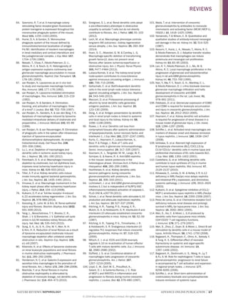 NATURE REVIEWS | NEPHROLOGY 	 ADVANCE ONLINE PUBLICATION  |  17
64.	 Sasmono, R. T. et al. A macrophage colony-
stimulating factor receptor-green fluorescent
protein transgene is expressed throughout the
mononuclear phagocyte system of the mouse.
Blood 101, 1155–1163 (2003).
65.	 Hume, D. A.  Gordon, S. Mononuclear
phagocyte system of the mouse defined by
immunohistochemical localization of antigen
F4/80. Identification of resident macrophages
in renal medullary and cortical interstitium and
the juxtaglomerular complex. J. Exp. Med. 157,
1704–1709 (1983).
66.	 Masaki, T., Chow, F., Nikolic-Paterson, D. J.,
Atkins, R. C.  Tesch, G. H. Heterogeneity of
antigen expression explains controversy over
glomerular macrophage accumulation in mouse
glomerulonephritis. Nephrol. Dial.Transplant. 18,
178–181 (2003).
67.	 van Rooijen, N. Liposomes as an in vivo tool
to study and manipulate macrophage function.
Res. Immunol. 143, 177–178 (1992).
68.	 van Rooijen, N. Liposome-mediated elimination
of macrophages. Res. Immunol. 143, 215–219
(1992).
69.	 van Rooijen, N.  Sanders, A. Elimination,
blocking, and activation of macrophages: three
of a kind? J. Leukoc. Biol. 62, 702–709 (1997).
70.	 van Rooijen, N., Sanders, A.  van den Berg, T. K.
Apoptosis of macrophages induced by liposome-
mediated intracellular delivery of clodronate and
propamidine. J. Immunol. Methods 193, 93–99
(1996).
71.	 van Rooijen, N.  van Nieuwmegen, R. Elimination
of phagocytic cells in the spleen after intravenous
injection of liposome-encapsulated
dichloromethylene diphosphonate. An enzyme-
histochemical study. Cell Tissue Res. 238,
355–358 (1984).
72.	 Lu, L. et al. Depletion of macrophages and
dendritic cells in ischemic acute kidney injury.
Am. J. Nephrol. 35, 181–190 (2012).
73.	 Ferenbach, D. A. et al. Macrophage/monocyte
depletion by clodronate, but not diphtheria toxin,
improves renal ischemia/reperfusion injury in
mice. Kidney Int. 82, 928–933 (2012). 
74.	 Tittel, A. P. et al. Kidney dendritic cells induce
innate immunity against bacterial pyelonephritis.
J.Am. Soc. Nephrol. 22, 1435–1441 (2011).
75.	 Vinuesa, E. et al. Macrophage involvement in the
kidney repair phase after ischaemia/reperfusion
injury. J. Pathol. 214, 104–113 (2008).
76.	 Kulkarni, O. P. et al. Toll-like receptor 4‑induced
IL‑22 accelerates kidney regeneration. J.Am. Soc.
Nephrol. 25, 978–989 (2014).
77.	 Kaissling, B., Lehir, M.  Kriz, W. Renal epithelial
injury and fibrosis. Biochim. Biophys.Acta 1832,
931–939 (2013).
78.	 Yang, L., Besschetnova, T. Y., Brooks, C. R.,
Shah, J. V.  Bonventre, J. V. Epithelial cell cycle
arrest in G2/M mediates kidney fibrosis after
injury. Nat. Med. 16, 535–543 (2010).
79.	 Sung, S. A., Jo, S. K., Cho, W. Y., Won, N. H.
 Kim, H. K. Reduction of renal fibrosis as a result
of liposome encapsulated clodronate induced
macrophage depletion after unilateral ureteral
obstruction in rats. Nephron Exp. Nephrol. 105,
e1–e9 (2007).
80.	 Kitamoto, K. et al. Effects of liposome clodronate
on renal leukocyte populations and renal fibrosis
in murine obstructive nephropathy. J. Pharmacol.
Sci. 111, 285–292 (2009).
81.	 Henderson, N. C. et al. Galectin‑3 expression and
secretion links macrophages to the promotion of
renal fibrosis. Am. J. Pathol. 172, 288–298 (2008).
82.	 Machida, Y. et al. Renal fibrosis in murine
obstructive nephropathy is attenuated by
depletion of monocyte lineage, not dendritic cells.
J. Pharmacol. Sci. 114, 464–473 (2010).
83.	 Snelgrove, S. L. et al. Renal dendritic cells adopt
a pro-inflammatory phenotype in obstructive
uropathy to activate T cells but do not directly
contribute to fibrosis. Am. J. Pathol. 180, 91–103
(2012).
84.	 Lech, M. et al. Macrophage phenotype controls
long-term AKI outcomes—kidney regeneration
versus atrophy. J.Am. Soc. Nephrol. 25, 292–304
(2014).
85.	 Huen, S. C., Moeckel, G. W.  Cantley, L. G.
Macrophage-specific deletion of transforming
growth factor-β1 does not prevent renal
fibrosis after severe ischemia-reperfusion or
obstructive injury. Am. J. Physiol. Renal Physiol.
305, F477–F484 (2013).
86.	 Lukacs-Kornek, V. et al. The kidney-renal lymph
node-system contributes to cross-tolerance
against innocuous circulating antigen. J. Immunol.
180, 706–715 (2008).
87.	 Gottschalk, C. et al. Batf3-dependent dendritic
cells in the renal lymph node induce tolerance
against circulating antigens. J.Am. Soc. Nephrol.
24, 543–549 (2013).
88.	 Macconi, D. et al. Proteasomal processing of
albumin by renal dendritic cells generates
antigenic peptides. J.Am. Soc. Nephrol. 20,
123–130 (2009).
89.	 Dong, X. et al. Antigen presentation by dendritic
cells in renal lymph nodes is linked to systemic
and local injury to the kidney. Kidney Int. 68,
1096–1108 (2005).
90.	 Roake, J. A. et al. Dendritic cell loss from
nonlymphoid tissues after systemic administration
of lipopolysaccharide, tumor necrosis factor, and
interleukin 1. J.Exp.Med. 181,2237–2247 (1995).
91.	 Kurts, C., Heymann, F., Lukacs-Kornek, V.,
Boor, P.  Floege, J. Role of T cells and
dendritic cells in glomerular immunopathology.
Semin. Immunopathol. 29, 317–335 (2007).
92.	 Assmann, K. J., Tangelder, M. M., Lange, W. P.,
Schrijver, G.  Koene, R. A. Anti-GBM nephritis
in the mouse: severe proteinuria in the
heterologous phase. Virchows Arch.A Pathol.Anat.
Histopathol. 406, 285–299 (1985).
93.	 Hochheiser, K. et al. Kidney dendritic cells
become pathogenic during crescentic
glomerulonephritis with proteinuria. J.Am. Soc.
Nephrol. 22, 306–316 (2011).
94.	 Lichtnekert, J. et al. Anti-GBM glomerulonephritis
involves IL‑1 but is independent of NLRP3/ASC
inflammasome-mediated activation of caspase‑1.
PLoS ONE 6, e26778 (2011).
95.	 Scholz, J. et al. Renal dendritic cells stimulate IL‑10
production and attenuate nephrotoxic nephritis.
J. Am. Soc. Nephrol. 19, 527–537 (2008).
96.	 Kitching, A. R., Tipping, P. G., Huang, X. R.,
Mutch, D. A.  Holdsworth, S. R. Interleukin‑4 and
interleukin‑10 attenuate established crescentic
glomerulonephritis in mice. Kidney Int. 52, 52–59
(1997).
97.	 Kitching, A. R., Tipping, P. G., Timoshanko, J. R.
 Holdsworth, S. R. Endogenous interleukin‑10
regulates Th1 responses that induce crescentic
glomerulonephritis. Kidney Int. 57, 518–525
(2000).
98.	 Witsch, E. J. et al. ICOS and CD28 reversely
regulate IL‑10 on re-activation of human effector
T cells with mature dendritic cells. Eur. J. Immunol.
32, 2680–2686 (2002).
99.	 Duffield, J. S. et al. Conditional ablation of
macrophages halts progression of crescentic
glomerulonephritis. Am. J. Pathol. 167,
1207–1219 (2005).
100.	Lloyd, C. M., Dorf, M. E., Proudfoot, A.,
Salant, D. J.  Gutierrez-Ramos, J. C. Role
of MCP‑1 and RANTES in inflammation and
progression to fibrosis during murine crescentic
nephritis. J. Leukoc. Biol. 62, 676–680 (1997).
101.	Wada, T. et al. Intervention of crescentic
glomerulonephritis by antibodies to monocyte
chemotactic and activating factor (MCAF/MCP‑1).
FASEB J. 10, 1418–1425 (1996).
102.	Yamamoto, T.  Wilson, C. B. Quantitative and
qualitative studies of antibody-induced mesangial
cell damage in the rat. Kidney Int. 32, 514–525
(1987).
103.	Ikezumi, Y., Hurst, L. A., Masaki, T., Atkins, R. C.
 Nikolic-Paterson, D. J. Adoptive transfer studies
demonstrate that macrophages can induce
proteinuria and mesangial cell proliferation.
Kidney Int. 63, 83–95 (2003).
104.	Lan, H. Y., Nikolic-Paterson, D. J., Mu, W. 
Atkins, R. C. Local macrophage proliferation in the
progression of glomerular and tubulointerstitial
injury in rat anti-GBM glomerulonephritis.
Kidney Int. 48, 753–760 (1995).
105.	Han, Y., Ma, F. Y., Tesch, G. H., Manthey, C. L.
 Nikolic-Paterson, D. J. c‑fms blockade reverses
glomerular macrophage infiltration and halts
development of crescentic anti-GBM
glomerulonephritis in the rat. Lab. Invest. 91,
978–991 (2011).
106.	Odobasic, D. et al. Glomerular expression of CD80
and CD86 is required for leukocyte accumulation
and injury in crescentic glomerulonephritis. J.Am.
Soc. Nephrol. 16, 2012–2022 (2005).
107.	Heymann, F. et al. Kidney dendritic cell activation
is required for progression of renal disease in a
mouse model of glomerular injury. J. Clin. Invest.
119, 1286–1297 (2009).
108.	Schiffer, L. et al. Activated renal macrophages are
markers of disease onset and disease remission
in lupus nephritis. J. Immunol. 180, 1938–1947
(2008).
109.	Ishikawa, S. et al. Aberrant high expression of
B lymphocyte chemokine (BLC/CXCL13) by
C11b+
CD11c+
dendritic cells in murine lupus and
preferential chemotaxis of B1 cells towards BLC.
J. Exp. Med. 193, 1393–1402 (2001).
110.	Castellano, G. et al. Infiltrating dendritic cells
contribute to local synthesis of C1q in murine
and human lupus nephritis. Mol. Immunol. 47,
2129–2137 (2010).
111.	Kikawada, E., Lenda, D. M.  Kelley, V. R. IL‑12
deficiency in MRL-Fas(lpr) mice delays nephritis
and intrarenal IFN-γ expression, and diminishes
systemic pathology. J. Immunol. 170, 3915–3925
(2003).
112.	Kulkarni, O. et al. Spiegelmer inhibition of CCL2/
MCP‑1 ameliorates lupus nephritis in MRL-(Fas)lpr
mice. J.Am. Soc. Nephrol. 18, 2350–2358 (2007).
113.	Perez de Lema, G. et al. Chemokine receptor Ccr2
deficiency reduces renal disease and prolongs
survival in MRL/lpr lupus-prone mice. J.Am. Soc.
Nephrol. 16, 3592–3601 (2005).
114.	Wan, S., Xia, C.  Morel, L. IL‑6 produced by
dendritic cells from lupus-prone mice inhibits
CD4+
CD25+
T cell regulatory functions.
J. Immunol. 178, 271–279 (2007).
115.	Wan, S., Zhou, Z., Duan, B.  Morel, L. Direct B cell
stimulation by dendritic cells in a mouse model of
lupus. Arthritis Rheum. 58, 1741–1750 (2008).
116.	Bagavant, H., Thompson, C., Ohno, K., Setiady, Y.
 Tung, K. S. Differential effect of neonatal
thymectomy on systemic and organ-specific
autoimmune disease. Int. Immunol. 14,
1397–1406 (2002).
117.	Bagavant, H., Deshmukh, U. S., Wang, H., Ly, T.
 Fu, S. M. Role for nephritogenic T cells in lupus
glomerulonephritis: progression to renal failure
is accompanied by T cell activation and expansion
in regional lymph nodes. J. Immunol. 177,
8258–8265 (2006).
118.	Schiffer, L. et al. Short term administration of
costimulatory blockade and cyclophosphamide
induces remission of systemic lupus
REVIEWS
© 2014 Macmillan Publishers Limited. All rights reserved
 