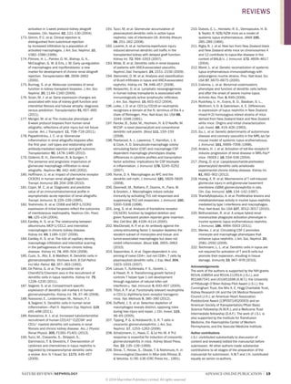 NATURE REVIEWS | NEPHROLOGY 	 ADVANCE ONLINE PUBLICATION  |  19
activation in 1‑week protocol kidney allograft
biopsies. Clin. Nephrol. 62, 121–130 (2004).
173.	Grimm, P. C. et al. Clinical rejection is
distinguished from subclinical rejection
by increased infiltration by a population of
activated macrophages. J.Am. Soc. Nephrol. 10,
1582–1589 (1999).
174.	Pilmore, H. L., Painter, D. M., Bishop, G. A.,
McCaughan, G. W.  Eris, J. M. Early up-regulation
of macrophages and myofibroblasts: a new
marker for development of chronic renal allograft
rejection. Transplantation 69, 2658–2662
(2000).
175.	Bunnag, S. et al. Molecular correlates of renal
function in kidney transplant biopsies. J.Am. Soc.
Nephrol. 20, 1149–1160 (2009).
176.	Scian, M. J. et al. Gene expression changes are
associated with loss of kidney graft function and
interstitial fibrosis and tubular atrophy: diagnosis
versus prediction. Transplantation 91, 657–665
(2011).
177.	Mengel, M. et al. The molecular phenotype of
6‑week protocol biopsies from human renal
allografts: reflections of prior injury but not future
course. Am. J.Transplant. 11, 708–718 (2011).
178.	Papadimitriou, J. C. et al. Glomerular
inflammation in renal allografts biopsies after
the first year: cell types and relationship with
antibody-mediated rejection and graft outcome.
Transplantation 90, 1478–1485 (2010).
179.	Ozdemir, B. H., Demirhan, B.  Gungen, Y.
The presence and prognostic importance of
glomerular macrophage infiltration in renal
allografts. Nephron 90, 442–446 (2002).
180.	Hoffmann, U. et al. Impact of chemokine receptor
CX3CR1 in human renal allograft rejection.
Transpl. Immunol. 23, 204–208 (2010).
181.	Copin, M. C. et al. Diagnostic and predictive
value of an immunohistochemical profile in
asymptomatic acute rejection of renal allografts.
Transpl. Immunol. 3, 229–239 (1995).
182.	Yoshimoto, K. et al. CD68 and MCP‑1/CCR2
expression of initial biopsies reflect the outcomes
of membranous nephropathy. Nephron Clin. Pract.
98, c25–c34 (2004).
183.	Eardley, K. S. et al. The relationship between
albuminuria, MCP‑1/CCL2, and interstitial
macrophages in chronic kidney disease.
Kidney Int. 69, 1189–1197 (2006).
184.	Eardley, K. S. et al. The role of capillary density,
macrophage infiltration and interstitial scarring
in the pathogenesis of human chronic kidney
disease. Kidney Int. 74, 495–504 (2008).
185.	Cuzic, S., Ritz, E.  Waldherr, R. Dendritic cells in
glomerulonephritis. Virchows Arch. B Cell Pathol.
Incl Mol. Pathol. 62, 357–363 (1992).
186.	De Palma, G. et al. The possible role of
ChemR23/Chemerin axis in the recruitment of
dendritic cells in lupus nephritis. Kidney Int. 79,
1228–1235 (2011).
187.	Segerer, S. et al. Compartment specific
expression of dendritic cell markers in human
glomerulonephritis. Kidney Int. 74, 37–46 (2008).
188.	Noessner, E., Lindenmeyer, M., Nelson, P. J.
 Segerer, S. Dendritic cells in human renal
inflammation—Part II. Nephron Exp. Nephrol. 119,
e91–e98 (2011).
189.	Kassianos, A. J. et al. Increased tubulointerstitial
recruitment of human CD141hi
CLEC9A+
and
CD1c+
myeloid dendritic cell subsets in renal
fibrosis and chronic kidney disease. Am. J. Physiol.
Renal Physiol. 305, F1391–F1401 (2013).
190.	Tucci, M., Ciavarella, S., Strippoli, S.,
Dammacco, F.  Silvestris, F. Oversecretion of
cytokines and chemokines in lupus nephritis is
regulated by intraparenchymal dendritic cells:
a review. Ann. N.Y Acad. Sci. 1173, 449–457
(2009).
191.	Tucci, M. et al. Glomerular accumulation of
plasmacytoid dendritic cells in active lupus
nephritis: role of interleukin‑18. Arthritis Rheum.
58, 251–262 (2008).
192.	Loverre, A. et al. Ischemia-reperfusion injury-
induced abnormal dendritic cell traffic in the
transplanted kidney with delayed graft function.
Kidney Int. 72, 994–1003 (2007).
193.	Wilde, B. et al. Dendritic cells in renal biopsies
of patients with ANCA-associated vasculitis.
Nephrol. Dial.Transplant. 24, 2151–2156 (2009).
194.	Steinmetz, O. M. et al. Analysis and classification
of B‑cell infiltrates in lupus and ANCA-associated
nephritis. Kidney Int. 74, 448–457 (2008).
195.	Kerjaschki, D. et al. Lymphatic neoangiogenesis
in human kidney transplants is associated with
immunologically active lymphocytic infiltrates.
J. Am. Soc. Nephrol. 15, 603–612 (2004).
196.	Loike, J. D. et al. CD11c/CD18 on neutrophils
recognizes a domain at the N. terminus of the A α
chain of fibrinogen. Proc. Natl Acad. Sci. USA 88,
1044–1048 (1991).
197.	Fancke, B., Suter, M., Hochrein, H.  O’Keeffe, M.
M‑CSF: a novel plasmacytoid and conventional
dendritic cell poietin. Blood 111, 150–159
(2008).
198.	Fleetwood, A. J., Lawrence, T., Hamilton, J. A.
 Cook, A. D. Granulocyte-macrophage colony-
stimulating factor (CSF) and macrophage CSF-
dependent macrophage phenotypes display
differences in cytokine profiles and transcription
factor activities: implications for CSF blockade
in inflammation. J. Immunol. 178, 5245–5252
(2007).
199.	Hume, D. A. Macrophages as APC and the
dendritic cell myth. J. Immunol. 181, 5829–5835
(2008).
200.	Desmedt, M., Rottiers, P., Dooms, H., Fiers, W.
 Grooten, J. Macrophages induce cellular
immunity by activating Th1 cell responses and
suppressing Th2 cell responses. J. Immunol. 160,
5300–5308 (1998).
201.	Jung, S. et al. Analysis of fractalkine receptor
CX(3)CR1 function by targeted deletion and
green fluorescent protein reporter gene insertion.
Mol. Cell Biol. 20, 4106–4114 (2000).
202.	MacDonald, K. P. et al. An antibody against the
colony-stimulating factor 1 receptor depletes the
resident subset of monocytes and tissue- and
tumor-associated macrophages but does not
inhibit inflammation. Blood 116, 3955–3963
(2010).
203.	Sapoznikov, A. et al. Organ-dependent in vivo
priming of naive CD4+, but not CD8+, T cells by
plasmacytoid dendritic cells. J. Exp. Med. 204,
1923–1933 (2007).
204.	Laouar, Y., Sutterwala, F. S., Gorelik, L.
 Flavell, R. A. Transforming growth factor-β
controls T helper type 1 cell development
through regulation of natural killer cell
interferon-γ. Nat. Immunol. 6, 600–607 (2005).
205.	Tittel, A. P. et al. Functionally relevant neutrophilia
in CD11c diphtheria toxin receptor transgenic
mice. Nat. Methods 9, 385–390 (2012).
206.	Duffield, J. S. et al. Selective depletion of
macrophages reveals distinct, opposing roles
during liver injury and repair. J. Clin. Invest. 115,
56–65 (2005).
207.	Tipping, P. G.  Holdsworth, S. R. T cells in
crescentic glomerulonephritis. J.Am. Soc.
Nephrol. 17, 1253–1263 (2006).
208.	Schatzmann, U., Haas, C.  Le Hir, M. A Th1
response is essential for induction of crescentic
glomerulonephritis in mice. Kidney Blood Press.
Res. 22, 135–139 (1999).
209.	Shirai, T., Hirose, S., Okada, T.  Nishimura, H. in
Immunological Disorders in Mice (eds Rihova, B.
 Vetvicka, V.) 95–136 (CRC Press Inc., 1991).
210.	Dubois, E. L., Horowitz, R. E., Demopoulos, H. B.
 Teplitz, R. NZB/NZW mice as a model of
systemic lupus erythematosus. JAMA 195,
285–289 (1966).
211.	Rigby, R. J. et al. New loci from New Zealand black
and New Zealand white mice on chromosomes 4
and 12 contribute to lupus-like disease in the
context of BALB/c. J. Immunol. 172, 4609–4617
(2004).
212.	Morel, L. et al. Genetic reconstitution of systemic
lupus erythematosus immunopathology with
polycongenic murine strains. Proc. Natl Acad. Sci.
USA 97, 6670–6675 (2000).
213.	Colonna, L. et al. Abnormal costimulatory
phenotype and function of dendritic cells before
and after the onset of severe murine lupus.
Arthritis Res.Ther. 8, R49 (2006).
214.	Rudofsky, U. H., Evans, B. D., Balaban, S. L.,
Mottironi, V. D.  Gabrielsen, A. E. Differences
in expression of lupus nephritis in New Zealand
mixed H‑2z homozygous inbred strains of mice
derived from New Zealand black and New Zealand
white mice. Origins and initial characterization.
Lab. Invest. 68, 419–426 (1993).
215.	Gu, L. et al. Genetic determinants of autoimmune
disease and coronary vasculitis in the MRL-lpr/lpr
mouse model of systemic lupus erythematosus.
J. Immunol. 161, 6999–7006 (1998).
216.	Anders, H. J. et al. Activation of toll-like receptor‑9
induces progression of renal disease in MRL-Faslpr
mice. FASEB J. 18, 534–536 (2004).
217.	Zheng, D. et al. Lipopolysaccharide-pretreated
plasmacytoid dendritic cells ameliorate
experimental chronic kidney disease. Kidney Int.
81, 892–902 (2012).
218.	Huang, X. R. et al. Mechanisms of T cell-induced
glomerular injury in anti-glomerular basement
membrane (GBM) glomerulonephritis in rats.
Clin. Exp. Immunol. 109, 134–142 (1997).
219.	Triantafyllopoulou, A. et al. Proliferative lesions and
metalloproteinase activity in murine lupus nephritis
mediated by type I interferons and macrophages.
Proc. Natl Acad. Sci. USA 107, 3012–3017 (2010).
220.	Bethunaickan, R. et al. A unique hybrid renal
mononuclear phagocyte activation phenotype in
murine systemic lupus erythematosus nephritis.
J. Immunol. 186, 4994–5003 (2011).
221.	Menke, J. et al. Circulating CSF‑1 promotes
monocyte and macrophage phenotypes that
enhance lupus nephritis. J.Am. Soc. Nephrol. 20,
2581–2592 (2009).
222.	Teichmann, L. L. et al. Dendritic cells in lupus are
not required for activation of T and B cells but
promote their expansion, resulting in tissue
damage. Immunity 33, 967–978 (2010).
Acknowledgements
The work of the authors is supported by the NIH grants
R01HL108954 and R01HL112914 (J.S.I.), and
R01AI67541 and U01AI51698 (A.W.T.); the University
of Pittsburgh O’Brien Kidney Pilot Award (J.S.I.); the
Cunningham Trust, the Mrs A. E. Hogg Charitable Trust,
Kidney Research UK and the UK Medical Research
Council (J.H.); an American Heart Association
Postdoctoral Award (13POST14520003) and an
American Society of Transplantation/Pfizer Basic
Science Fellowship (N.M.R.); and a Wellcome Trust
Intermediate fellowship (D.A.F.). The work of J.S.I. is
also supported by the Institute for Transfusion
Medicine, the Haemophilia Center of Western
Pennsylvania, and the Vascular Medicine Institute.
Author contributions
J.S.I. contributed substantially to discussion of
content and reviewed/edited the manuscript before
submission. All other authors made substantial
contributions to all stages of the preparation of the
manuscript for submission. A.W.T and J.H. contributed
equally as senior co-authors.
REVIEWS
© 2014 Macmillan Publishers Limited. All rights reserved
 
