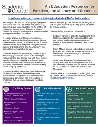 An Education Resource for
                                      Families, the Military and Schools
      http://www.militaryk12partners.dodea.edu/studentsAtTheCenter/index.html
You are part of a very important group of people—          On this web site, you will find resources designed to
those who care about education and, specifically,          aid everyone involved in providing quality education
those who care about education for the children of         for military children.
military service members. Children of military
families face unique challenges that are unparalleled      You will find information and resources to:
in the general student population.
                                                           Empower parents to be better advocates for their
If you are a family member or service member                 children and to more fully understand the rules
yourself, you know first-hand the sacrifices that are        and policies local education agencies must
made in order to serve our Nation’s Armed Forces—            adhere to while meeting the needs of all of their
frequent moves, time away from family because of             students.
training and deployments and the uncertainty that
comes from serving in harm’s way.                          Inform Military leaders on how to best work with
                                                             local education agencies to meet the needs of our
If you are an educator with military families in your        families and to take advantage of resources
community, you may be aware of the challenges                available through DoD.
military families face as they deal with these issues:
transfer of records, eligibility for extra-curricular      Assist Local Education Agencies around the
activities, differences in achievement standards and         country who have within their populations, the
academic requirements and the stress and anxiety             children of our Soldiers, Sailors, Airmen, Marines,
from having a parent away.                                   Coast Guardsmen, National Guardsmen and
                                                             Reservists.
If you are a military leader, you have undoubtedly
faced situations where you need to provide                 To learn more about these resources brought to you
information for both parents and local education           by DoDEA’s K-12 Educational Partnership Branch,
agencies and sometimes help find solutions to              visit Students at the Center.
challenges that are unique to service members’
children.


              For Military Families                 For Military Leaders                     For School Leaders


 Supporting the Unique Needs of a      
                                        Information and Support for Military   
                                                                                Military Service Branches, Ranks
  Military-Connected Child               Families                               and Protocols


 Military Supports for Students        
                                        Installation-School Partnerships       
                                                                                Military Families 101


 Navigating the U.S. Education         
                                        Stakeholder Groups and Local            Initiatives to Support Schools
                                                                                DoD
  System                                 Action Teams
                                                                                Department of Education’s
                                                                                U.S.

 Choosing a School                     
                                        Involving Military Leadership and       Impact Aid
                                         Organizations

 Ways to Support a Child’s                                                     
                                                                                Supporting Military Students-Best
  Education                            
                                        Other Key Partners to Consider          Practices


 Effective Advocacy 101                
                                        Ways to Enhance Communication          
                                                                                Basic Military Terms and Acronyms
                                         Online

 Staying Connected to a Community
 