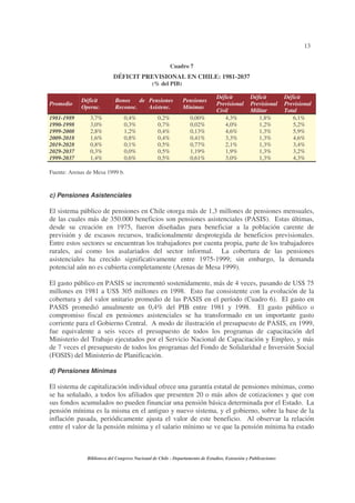 13
Biblioteca del Congreso Nacional de Chile - Departamento de Estudios, Extensión y Publicaciones
Cuadro 7
DÉFICIT PREVISIONAL EN CHILE: 1981-2037
(% del PIB)
Promedio
Déficit
Operac.
Bonos de
Reconoc.
Pensiones
Asistenc.
Pensiones
Mínimas
Déficit
Previsional
Civil
Déficit
Previsional
Militar
Déficit
Previsional
Total
1981-1989 3,7% 0,4% 0,2% 0,00% 4,3% 1,8% 6,1%
1990-1998 3,0% 0,3% 0,7% 0,02% 4,0% 1,2% 5,2%
1999-2008 2,8% 1,2% 0,4% 0,13% 4,6% 1,3% 5,9%
2009-2018 1,6% 0,8% 0,4% 0,41% 3,3% 1,3% 4,6%
2019-2028 0,8% 0,1% 0,5% 0,77% 2,1% 1,3% 3,4%
2029-2037 0,3% 0,0% 0,5% 1,19% 1,9% 1,3% 3,2%
1999-2037 1,4% 0,6% 0,5% 0,61% 3,0% 1,3% 4,3%
Fuente: Arenas de Mesa 1999 b.
c) Pensiones Asistenciales
El sistema público de pensiones en Chile otorga más de 1,3 millones de pensiones mensuales,
de las cuales más de 350.000 beneficios son pensiones asistenciales (PASIS). Estas últimas,
desde su creación en 1975, fueron diseñadas para beneficiar a la población carente de
previsión y de escasos recursos, tradicionalmente desprotegida de beneficios previsionales.
Entre estos sectores se encuentran los trabajadores por cuenta propia, parte de los trabajadores
rurales, así como los asalariados del sector informal. La cobertura de las pensiones
asistenciales ha crecido significativamente entre 1975-1999; sin embargo, la demanda
potencial aún no es cubierta completamente (Arenas de Mesa 1999).
El gasto público en PASIS se incrementó sostenidamente, más de 4 veces, pasando de US$ 75
millones en 1981 a US$ 305 millones en 1998. Esto fue consistente con la evolución de la
cobertura y del valor unitario promedio de las PASIS en el período (Cuadro 6). El gasto en
PASIS promedió anualmente un 0,4% del PIB entre 1981 y 1998. El gasto público o
compromiso fiscal en pensiones asistenciales se ha transformado en un importante gasto
corriente para el Gobierno Central. A modo de ilustración el presupuesto de PASIS, en 1999,
fue equivalente a seis veces el presupuesto de todos los programas de capacitación del
Ministerio del Trabajo ejecutados por el Servicio Nacional de Capacitación y Empleo, y más
de 7 veces el presupuesto de todos los programas del Fondo de Solidaridad e Inversión Social
(FOSIS) del Ministerio de Planificación.
d) Pensiones Mínimas
El sistema de capitalización individual ofrece una garantía estatal de pensiones mínimas, como
se ha señalado, a todos los afiliados que presenten 20 o más años de cotizaciones y que con
sus fondos acumulados no pueden financiar una pensión básica determinada por el Estado. La
pensión mínima es la misma en el antiguo y nuevo sistema, y el gobierno, sobre la base de la
inflación pasada, periódicamente ajusta el valor de este beneficio. Al observar la relación
entre el valor de la pensión mínima y el salario mínimo se ve que la pensión mínima ha estado
 