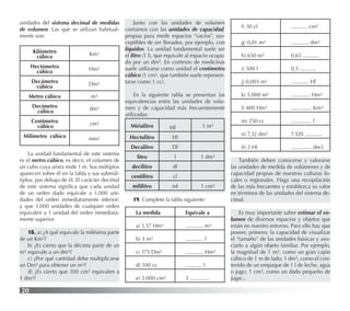 20
unidades del sistema decimal de medidas
de volumen. Las que se utilizan habitual-
mente son:
La unidad fundamental de este sistema
es el metro cúbico, es decir, el volumen de
un cubo cuya arista mide 1 m. Sus múltiplos
aparecen sobre él en la tabla y sus submúl-
tiplos, por debajo de él. El carácter decimal
de este sistema signiﬁca que cada unidad
de un orden dado equivale a 1.000 uni-
dades del orden inmediatamente inferior;
y que 1.000 unidades de cualquier orden
equivalen a 1 unidad del orden inmediata-
mente superior.
18. a) ¿A qué equivale la milésima parte
de un Km3?
b) ¿Es cierto que la décima parte de un
m3 equivale a un dm3?
c) ¿Por qué cantidad debe multiplicarse
un Dm3 para obtener un m3?
d) ¿Es cierto que 100 cm3 equivalen a
1 dm3?
Junto con las unidades de volumen
contamos con las unidades de capacidad,
propias para medir espacios “vacíos”, sus-
ceptibles de ser llenados, por ejemplo, con
líquidos. La unidad fundamental suele ser
el litro (1 l), que equivale al espacio ocupa-
do por un dm3. En contexto de medicinas
suele utilizarse como unidad el centímetro
cúbico (1 cm3, que también suele represen-
tarse como 1 cc).
En la siguiente tabla se presentan las
equivalencias entre las unidades de volu-
men y de capacidad más frecuentemente
utilizadas:
19. Complete la tabla siguiente:
También deben conocerse y valorarse
las unidades de medida de volúmenes y de
capacidad propias de nuestras culturas lo-
cales o regionales. Haga una recopilación
de las más frecuentes y establezca su valor
en términos de las unidades del sistema de-
cimal.
Es muy importante saber estimar el vo-
lumen de diversos espacios y objetos que
están en nuestro entorno. Para ello hay que
poseer, primero, la capacidad de visualizar
el “tamaño” de las unidades básicas y aso-
ciarlo a algún objeto familiar. Por ejemplo,
la magnitud de 1 m3, como un gran cajón
cúbico de 1 m de lado; 1 dm3, como el con-
tenido de un empaque de 1 l de leche, agua
o jugo; 1 cm3, como un dado pequeño de
jugar...
Kilómetro
cúbico Km3
Hectómetro
cúbico Hm3
Decámetro
cúbico Dm3
Metro cúbico m3
Decímetro
cúbico dm3
Centímetro
cúbico cm3
Milímetro cúbico mm3
Mirialitro Ml 1 m3
Hectolitro Hl
Decalitro Dl
litro l 1 dm3
decilitro dl
centilitro cl
mililitro ml 1 cm3
La medida Equivale a
a) 1,57 Hm3 ............. m3
b) 3 m3 ............. l
c) 175 Dm3 ............. Hm3
d) 100 cc ............ l
e) 3.000 cm3 3 ..............
f) 30 cl ............ cm3
g) 0,01 m3 ............. dm3
h) 650 m3 0,65 ............
i) 500 l 0,5 ............
j) 0,003 m3 ............. Hl
k) 5.000 m3 .............. Hm3
l) 400 Hm3 ............... Km3
m) 250 cc ............... l
n) 7,32 dm3 7.320 .............
ñ) 2 Hl ............... dm3
 