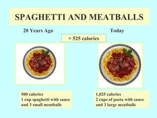 + 525 calories 1,025 calories   2 cups of pasta with sauce and 3 large meatballs 20 Years Ago Today 500 calories 1 cup spa...