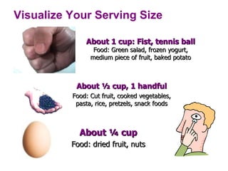 Visualize Your Serving Size About 1 cup: Fist, tennis ball Food: Green salad, frozen yogurt, medium piece of fruit, baked ...