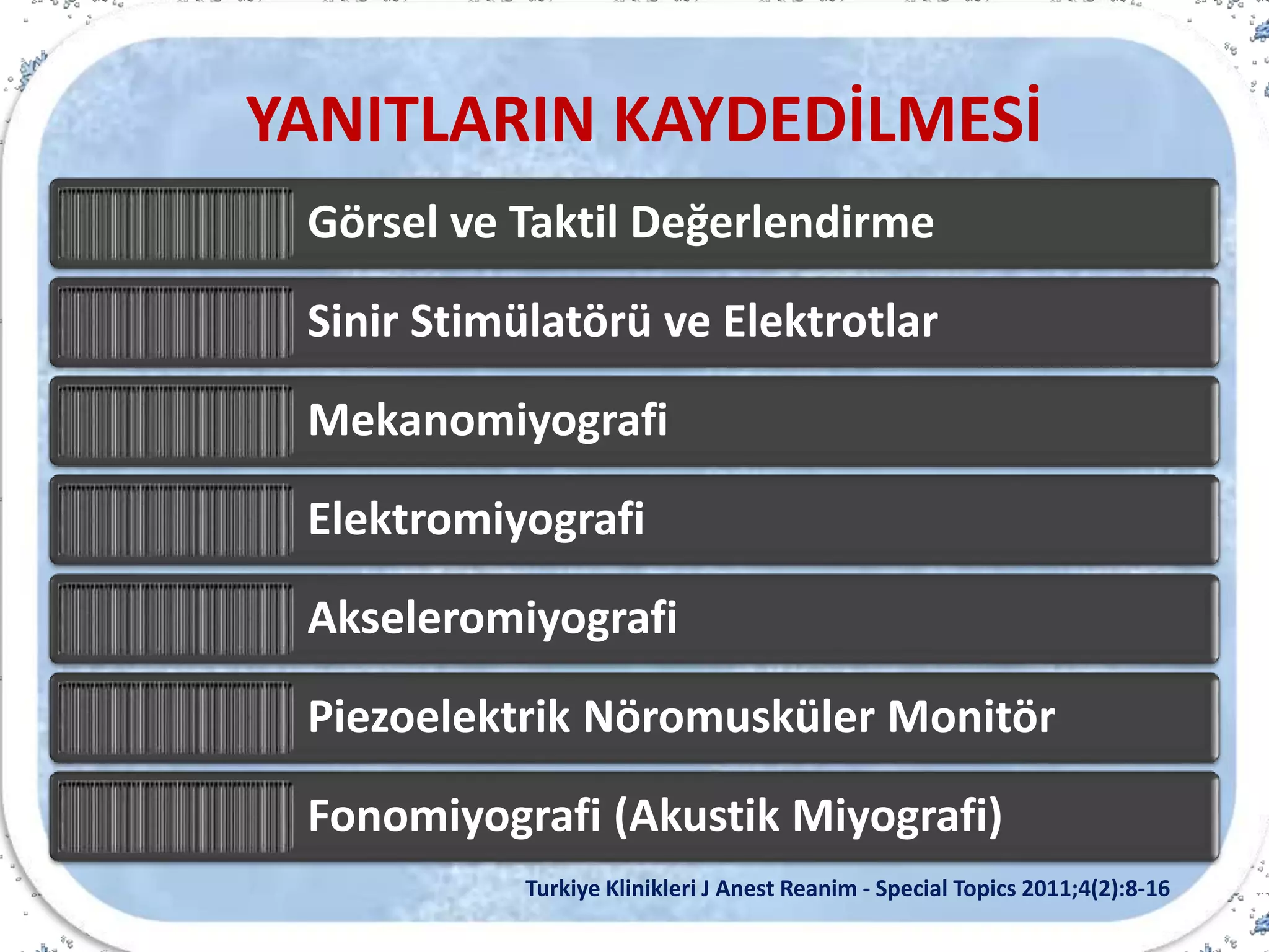 YANITLARIN KAYDEDİLMESİ
Görsel ve Taktil Değerlendirme
Sinir Stimülatörü ve Elektrotlar
Mekanomiyografi
Elektromiyografi
Akseleromiyografi
Piezoelektrik Nöromusküler Monitör
Fonomiyografi (Akustik Miyografi)
Turkiye Klinikleri J Anest Reanim - Special Topics 2011;4(2):8-16
 