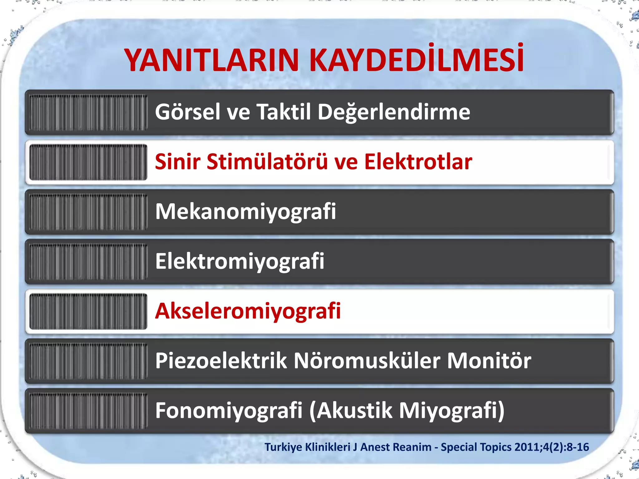 YANITLARIN KAYDEDİLMESİ
Görsel ve Taktil Değerlendirme
Sinir Stimülatörü ve Elektrotlar
Mekanomiyografi
Elektromiyografi
Akseleromiyografi
Piezoelektrik Nöromusküler Monitör
Fonomiyografi (Akustik Miyografi)
Turkiye Klinikleri J Anest Reanim - Special Topics 2011;4(2):8-16
 