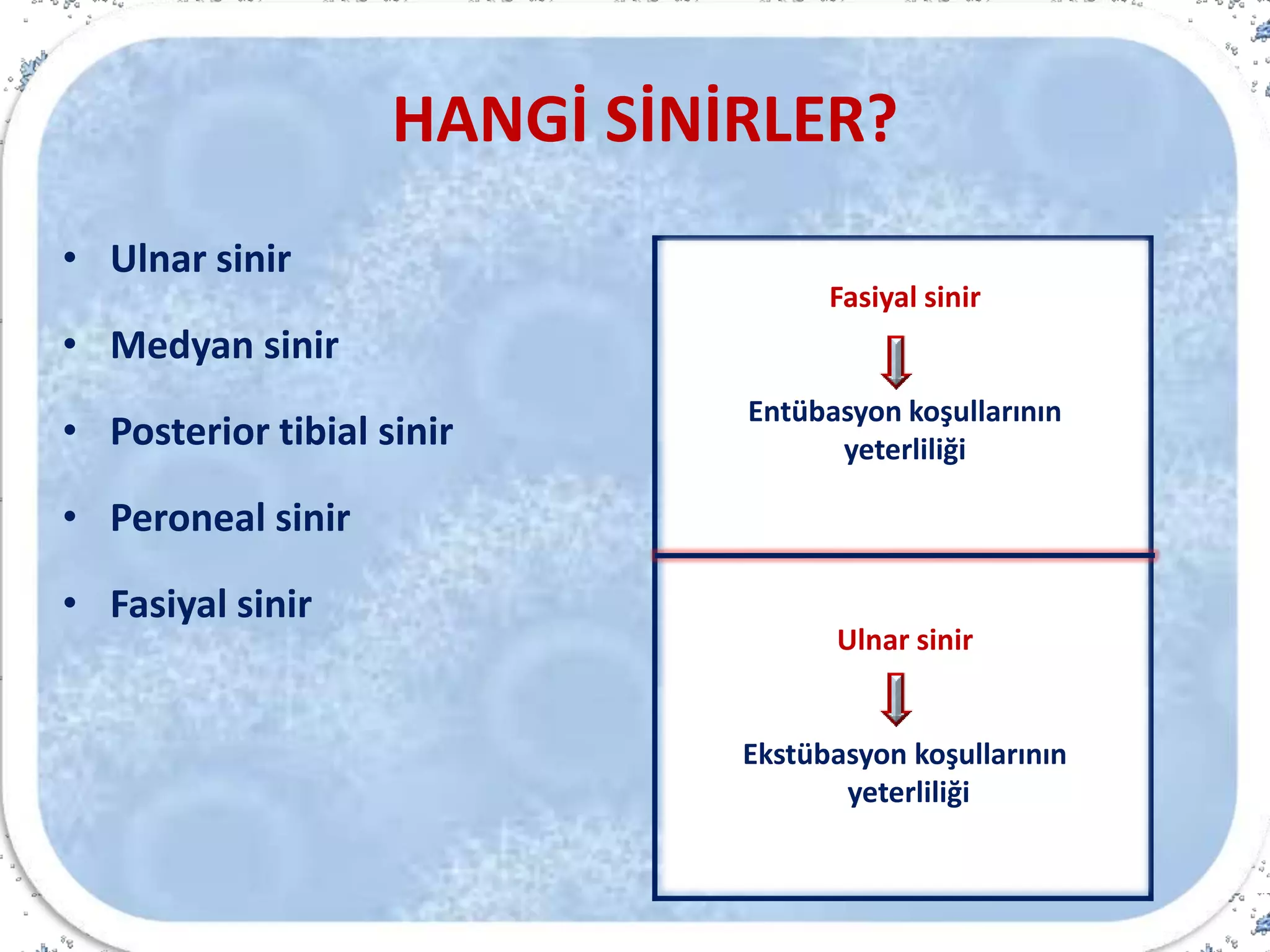 • Ulnar sinir
• Medyan sinir
• Posterior tibial sinir
• Peroneal sinir
• Fasiyal sinir
HANGİ SİNİRLER?
Ulnar sinir
“Adductor pollicis”
• Başparmak addüksiyonu
Fasiyal sinir (VII.KS)
“Orbicularis oculi”
• Gözkapağı kapanır
“Corrugator supercilii”
• Kaşlar kırışır
Posterior tibial sinir
“Flexor hallucis brevis”
• Büyük ayak parmağı fleksiyonu
Fasiyal sinir
Entübasyon koşullarının
yeterliliği
Ulnar sinir
Ekstübasyon koşullarının
yeterliliği
 