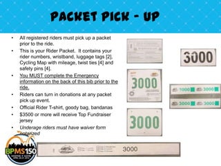 Packet Pick - Up
•   All registered riders must pick up a packet
    prior to the ride.
•   This is your Rider Packet. It contains your
    rider numbers, wristband, luggage tags [2],
    Cycling Map with mileage, twist ties [4] and
    safety pins [4].
•   You MUST complete the Emergency
    information on the back of this bib prior to the
    ride.
•   Riders can turn in donations at any packet
    pick up event.
•   Official Rider T-shirt, goody bag, bandanas
•   $3500 or more will receive Top Fundraiser
    jersey
•   Underage riders must have waiver form
    notarized
 