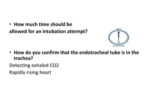 • How much time should be
allowed for an intubation attempt?
• How do you confirm that the endotracheal tube is in the
trachea?
Detecting exhaled CO2
Rapidly rising heart
 