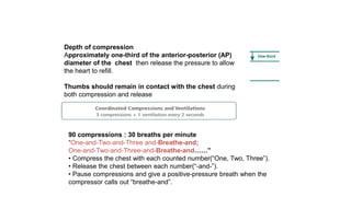 Depth of compression
Approximately one-third of the anterior-posterior (AP)
diameter of the chest then release the pressure to allow
the heart to refill.
Thumbs should remain in contact with the chest during
both compression and release
90 compressions : 30 breaths per minute
“One-and-Two-and-Three and-Breathe-and;
One-and-Two-and-Three-and-Breathe-and……”
• Compress the chest with each counted number(“One, Two, Three”).
• Release the chest between each number(“-and-”).
• Pause compressions and give a positive-pressure breath when the
compressor calls out “breathe-and”.
 
