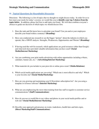Strategic Marketing and Communication                                             Minneapolis 2010

III. Topical Questions for Roundtable Discussion
Directions: The following is a list of topics that we thought we might discuss today. In order for us to
best meet your needs for today’s session, we would like you to identify your top 3 choices from the
topics below. In addition, please feel free to add topics not listed. We will then combine everyone’s
choices to guide our decision of which topics we should discuss first.


   1. Does the rank and file know how to articulate your brand? Can you and or your employees
      describe your brand within a sentence? (Branding)

   2. Have you conducted any research to see the bigger “picture” about the industry in which you
      operate, like a SWOT analysis: Strengths, Weaknesses, Opportunities and Threats? (Branding)


   3. If having used the web for research, which applications are good resources (other than Google)
      and what tools have provided valuable information that you have used? (Social
      Media/Internet Marketing)


   4. Are you combining your print media advertising with online opportunities including e-blasts,
      calendars, banner ads, etc.? (Advertising/Internet Marketing)


   5. What materials do you include in your press kit or online press room? (Media Relations)


   6. Which social media applications are you using? Which one is most effective and why? Which
      is your favorite one? (Social Media/Marketing)


   7. How are you growing and maintaining your E-Newsletter subscription list? Are you using a
      template or in house software? (Internet Marketing)


   8. What are you emphasizing the most when training front line staff in regards to customer service
      communications? (Staff Communications)


   9. How do you use or would like to use videos and photos in your social media profiles and or
      web site? (Social Media/Internet Marketing)


   10. Describe your approach and presence at events; tradeshows, health fairs and kids expos.
       (Direct Marketing/Staff Communications)
 