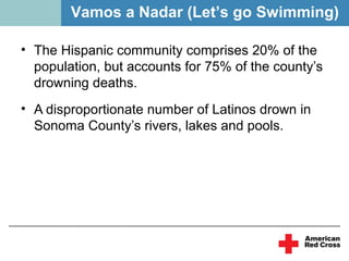 Vamos a Nadar (Let’s go Swimming)

• The Hispanic community comprises 20% of the
  population, but accounts for 75% of the county’s
  drowning deaths.
• A disproportionate number of Latinos drown in
  Sonoma County’s rivers, lakes and pools.
 