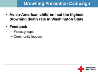 Drowning Prevention Campaign

• Asian-American children had the highest
  drowning death rate in Washington State
• Feedback
  – Focus groups
  – Community leaders
 