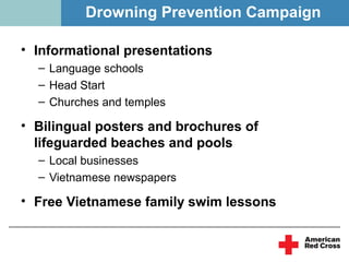 Drowning Prevention Campaign

• Informational presentations
  – Language schools
  – Head Start
  – Churches and temples

• Bilingual posters and brochures of
  lifeguarded beaches and pools
  – Local businesses
  – Vietnamese newspapers

• Free Vietnamese family swim lessons
 