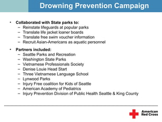 Drowning Prevention Campaign

•   Collaborated with State parks to:
     – Reinstate lifeguards at popular parks
     – Translate life jacket loaner boards
     – Translate free swim voucher information
     – Recruit Asian-Americans as aquatic personnel
•   Partners included:
     – Seattle Parks and Recreation
     – Washington State Parks
     – Vietnamese Professionals Society
     – Denise Louie Head Start
     – Three Vietnamese Language School
     – Lynwood Parks
     – Injury Free coalition for Kids of Seattle
     – American Academy of Pediatrics
     – Injury Prevention Division of Public Health Seattle & King County
 